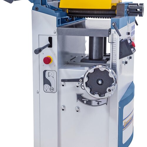 Solid thicknessing table with spindle guide and support for accurate planing of board, slats, planks etc. 