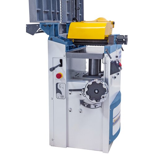 Solid thicknessing table with spindle guide and support for accurate planing of board, slats, planks etc. 