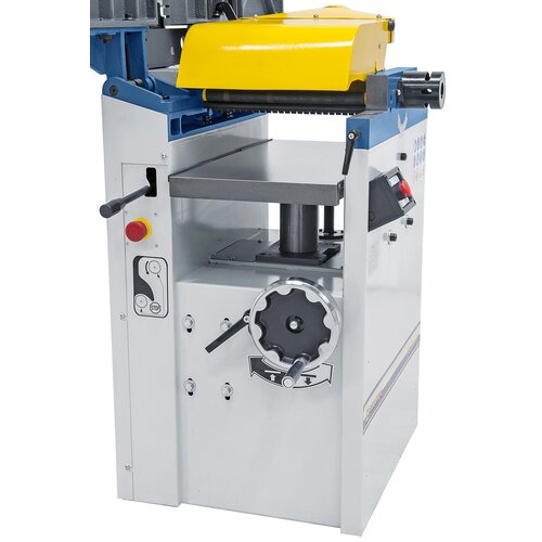 Solid thicknessing table with spindle guide and support for accurate planing of board, slats, planks etc. 