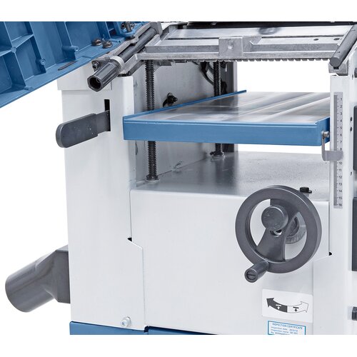 Thicknessing table is guided on four threads. The height can be read on the scale.