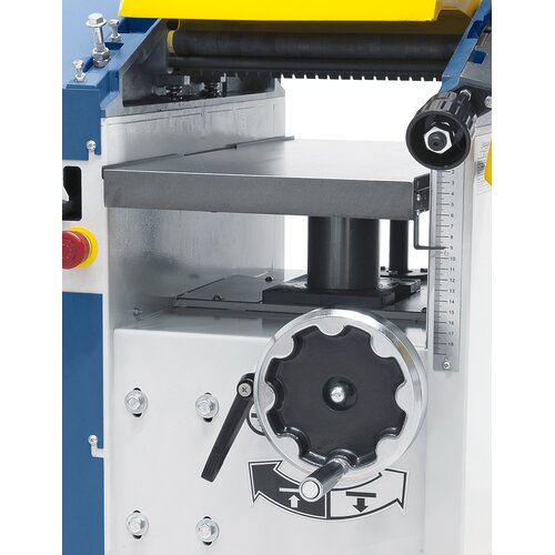 Grey cast-iron thicknessing table features centre column and support, for workpieces up to 180 mm in height.