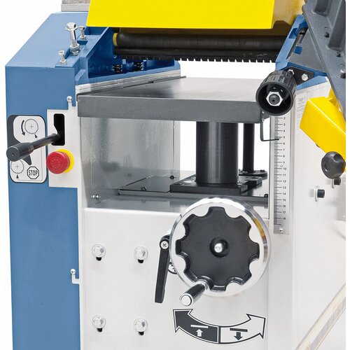 Grey cast-iron thicknessing table features centre column and support, for workpieces up to 180 mm in height. 