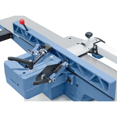 The planing fence features a solid tilting 
device including adjustable end stops 