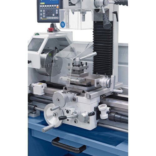 Apron features handwheels with scales and an automatic cross feed.