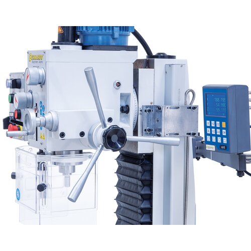 Ergonomically arranged handles allow for easy spindle feed when drilling. Handwheel with scale allows accurate feed when milling. 