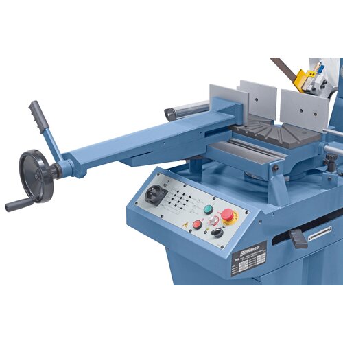 Large vice with quick clamping lever and material support - ideal for section cutting.