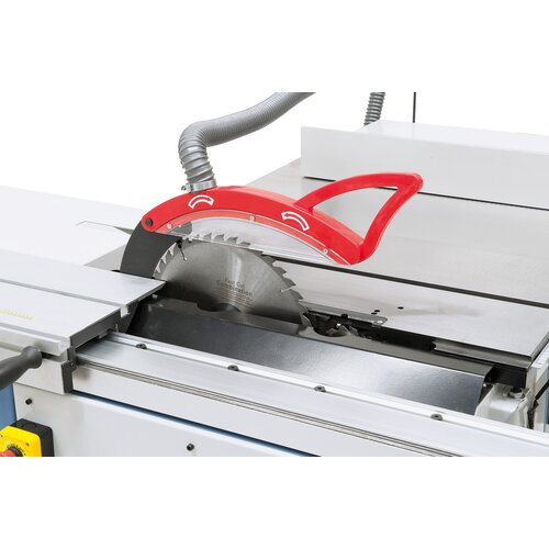 The protective sawblade cover with integrated dust port is connected at riving knife. Standard equipment includes a scoring unit.