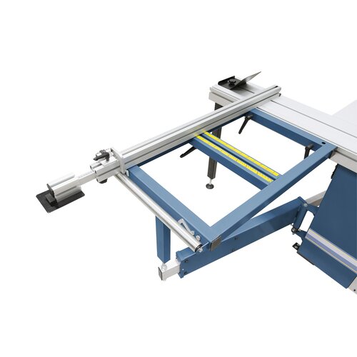 Extractable telescopic fence features stops with fine adjustment.
