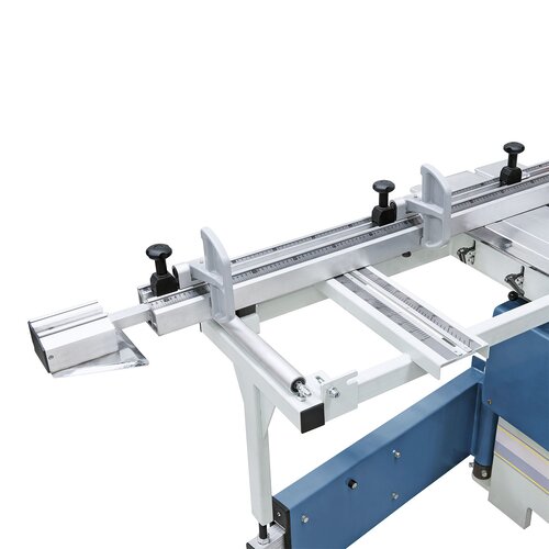 Square table can be moved along the entire machine length and taken off at any  position. The tele-scopic fence, featuring 2 solid tiltable stops,  allows precise adjustments.