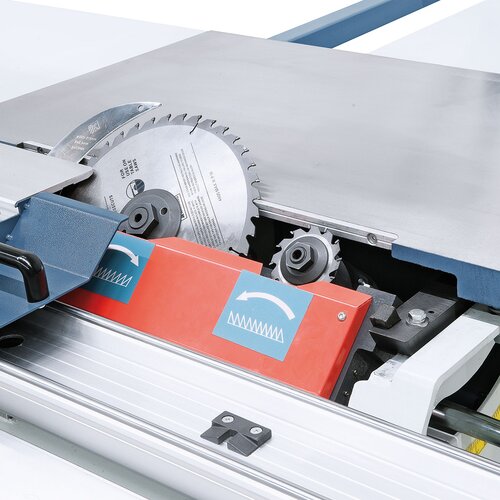 Solid saw unit features grey cast-iron tilting elements supported on both sides.