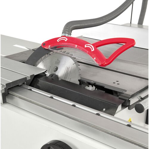Sawblade cover, featuring integrated dust port, connected to riving knife. Standard equipment includes scoring unit.