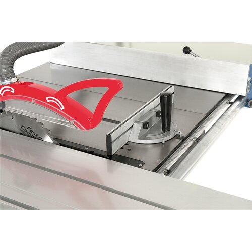 Mitre fence for small workpieces, movable along entire table length.