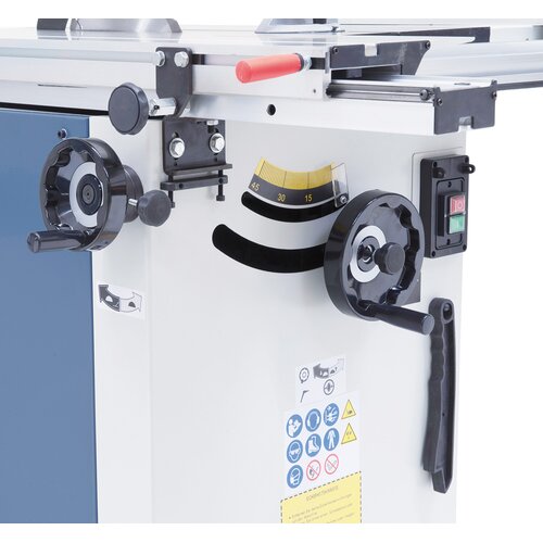 Ergonomic mounted handwheels allow for height adjustment and tilting of the saw unit.