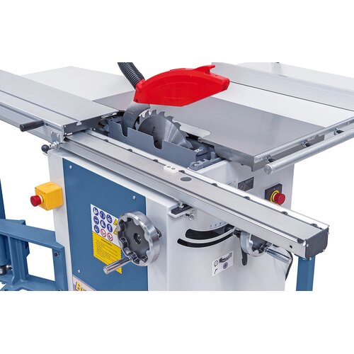 Solid saw unit features grey-cast iron tilting elements supported on both sides.