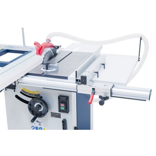 Includes easily adjustable rip fence with quick clamping system and table extension for cutting width up to 690 mm. 