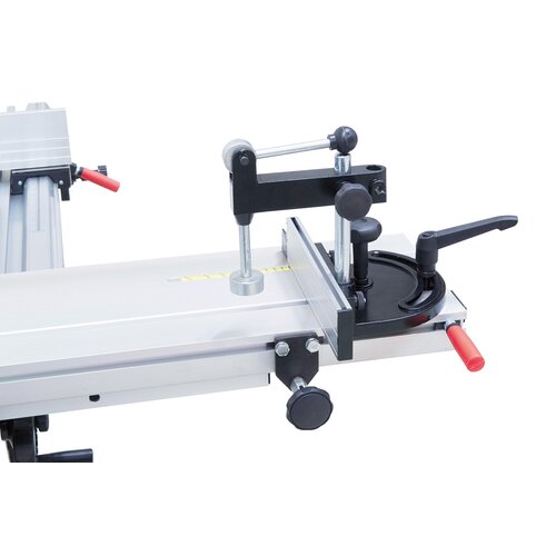 Mitre fence – featuring end stop and eccentric holder – movable along entire table length.