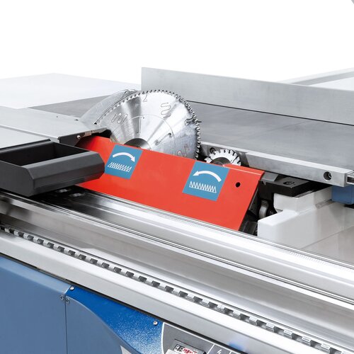 Solid saw unit features grey cast-iron tilting elements supported on both sides.