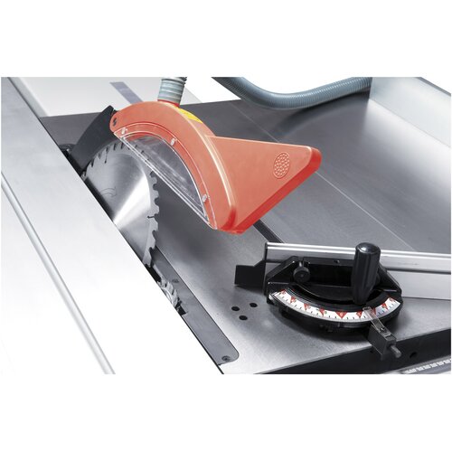 Sawblade can be tilted from 90º to 45º for angular cutting. Mitre fence can be used for cuts up to 60º.