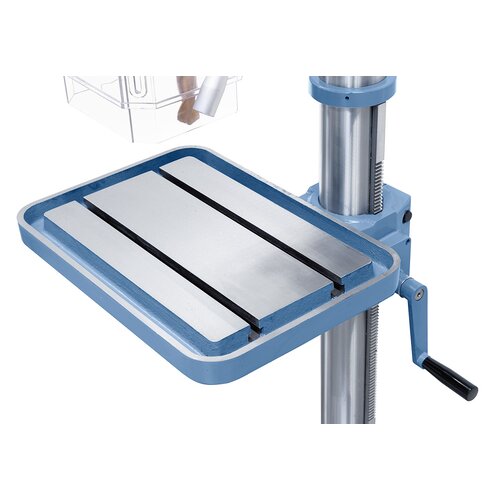 Polished work table with T-slots running parallel to each other.