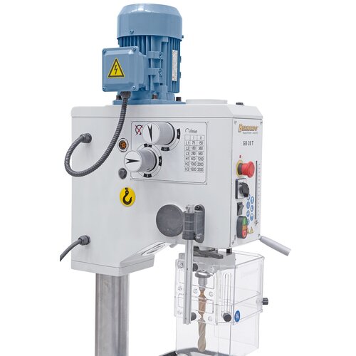 Protective cover in accordance with CE-standards, adjustable to various drill bit sizes.