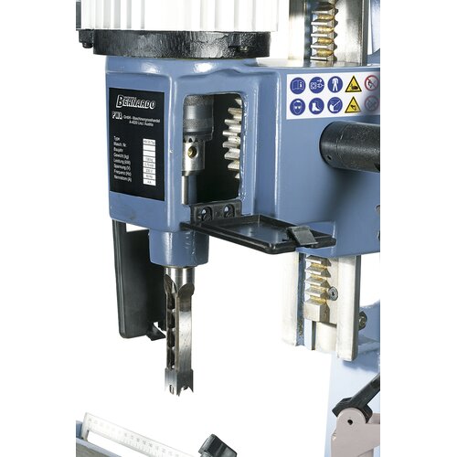 Drill chuck accessible from both sides for convenientchange of mortising chisels.