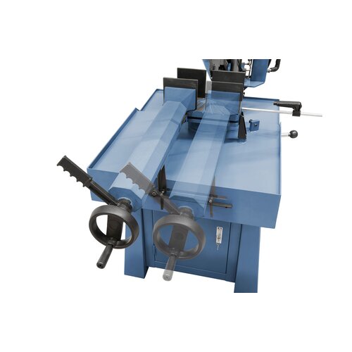 Quick clamping vice can be moved sidewise for double mitre cutting.