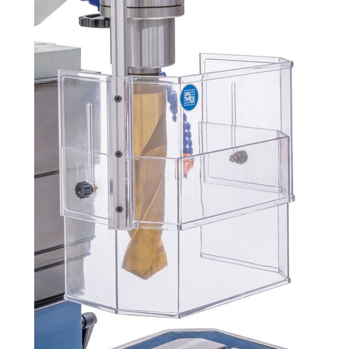 Protective cover in accordance with CE-standards, adjustable to various drill bit sizes.