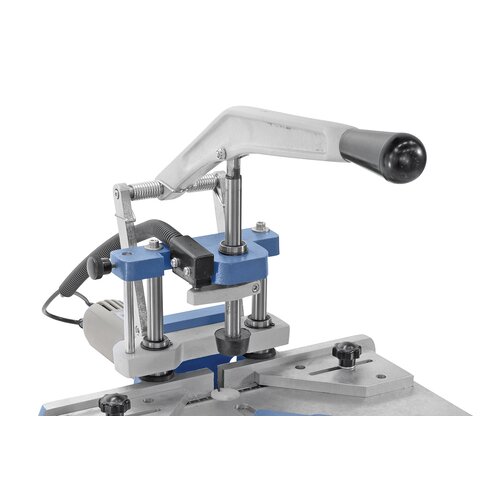 Operating mode: Lowering the lever clamps the workpiece into place. Milling cutter lowers to set depth. Lifting the lever into starting position releases the workpiece and motor stops automatically.