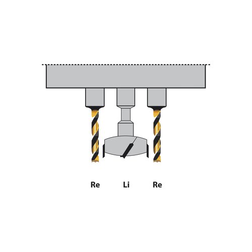 The middle hinge drill is left turning, the ones on the side are right turning.
