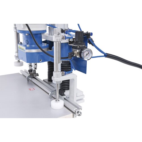 Pneumatic downholder allows for ideal clamping of workpiece.
