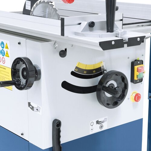 Ergonomic mounted handwheels allow for height adjustment and tilting of the saw unit.