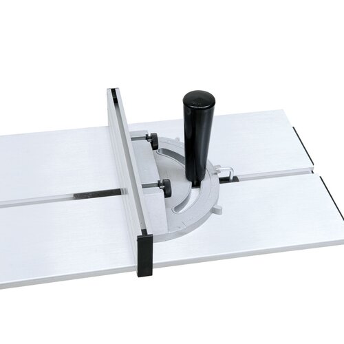 T-slot in sliding table allow mounting of mitre fence or end stop.