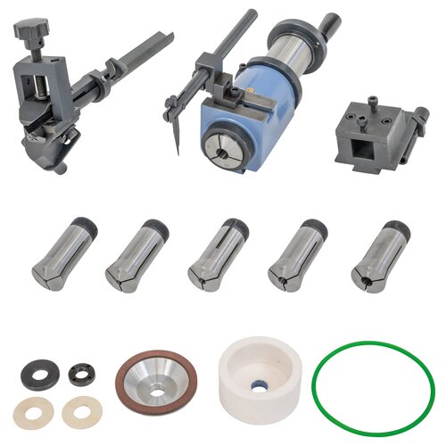 Standard accessories: Attachment for twist  drill, end mill and turning tool, collets,  corundum grinding wheel, diamond  grinding wheel, drive belt