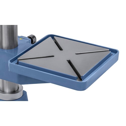 Polished work table features diagonal T-slots.