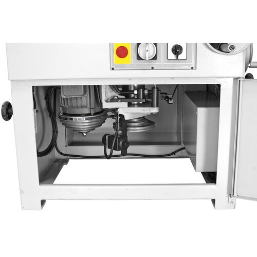 Amply sized opening on machine front allows for easy belt change to adjust speed.