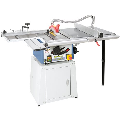 Picture TK 200 PRO with optional roller table, extension table and closed stand.