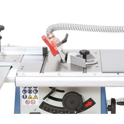 Left tilting sawblade enables workpiece to be guided more easily during cut.
