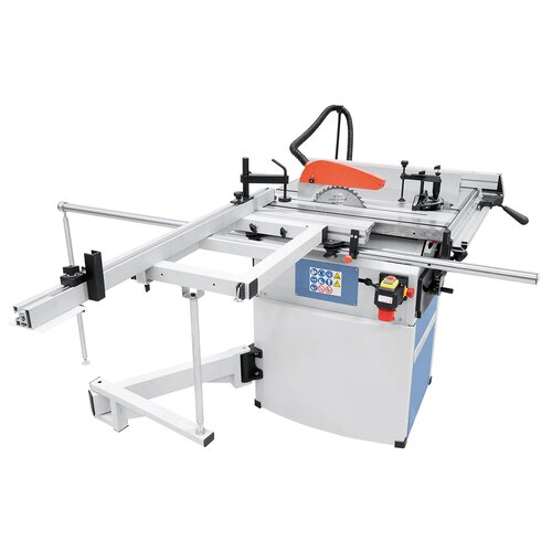 The smooth running sliding table features an additional tilting support arm to allow for processing of large panels.