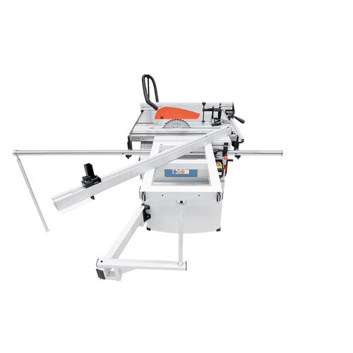The steplessly tiltable telescopic fence (2 x 45º) can be mounted at the front or rear of the square table.