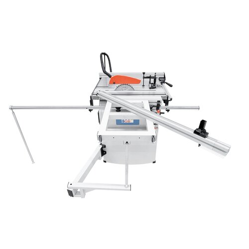 The steplessly tiltable telescopic fence (2 x 45º) can be mounted at the front or rear of the square table.