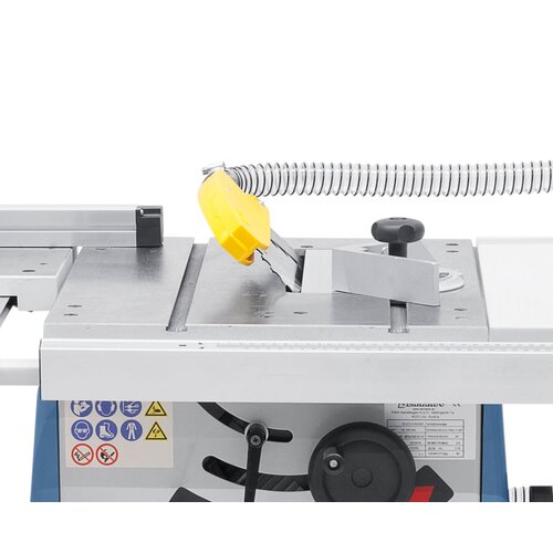 Left tilting sawblade improves handling at bevel cuts.