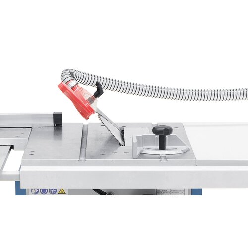 Left tilting sawblade improves handling at bevel cuts.