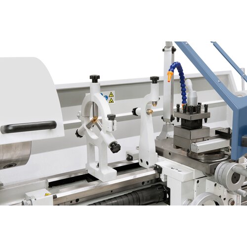 Complete with steady and follow rest to allow for solid support of long workpieces.