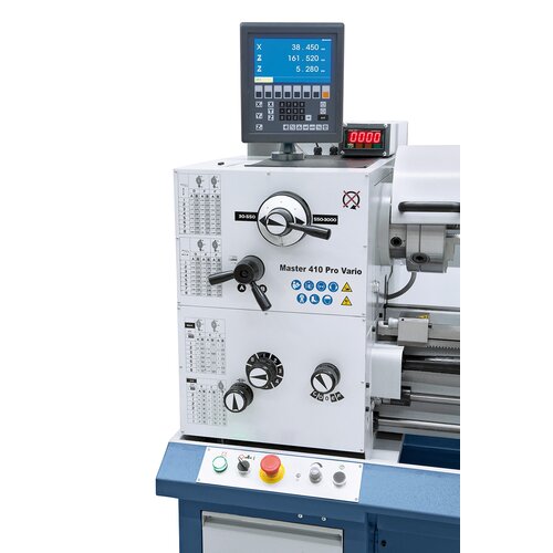 Smooth feed and speed adjusment on gear head – hardened and polished gears in oil bath guarantees low-noise operation. Electronic, stepless speed adjustment, digital display allows easy readout.