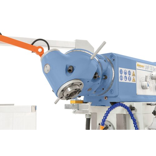 Universal mill head features 2 rotating axis, adjustable to various angles.