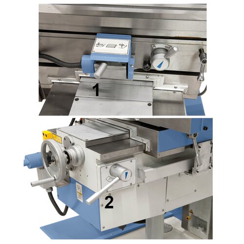 1. Selector lever for feed direction / 2. Selector lever for feed axis