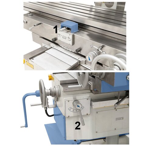 1: Selector lever for feed direction / 2: Selector lever for feed axis