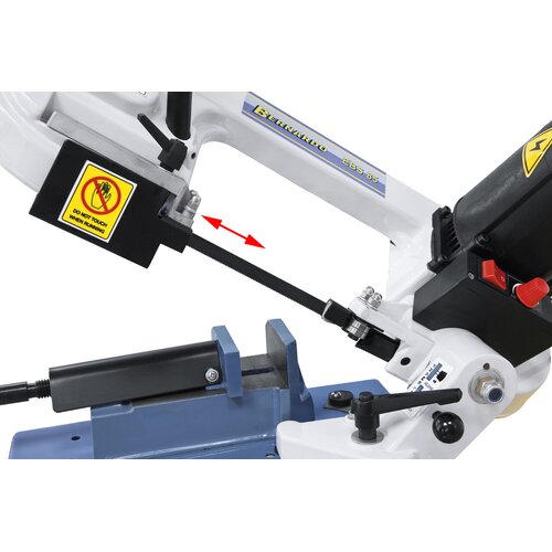 Bandsaw blade guiding can be adjusted to the width of material.