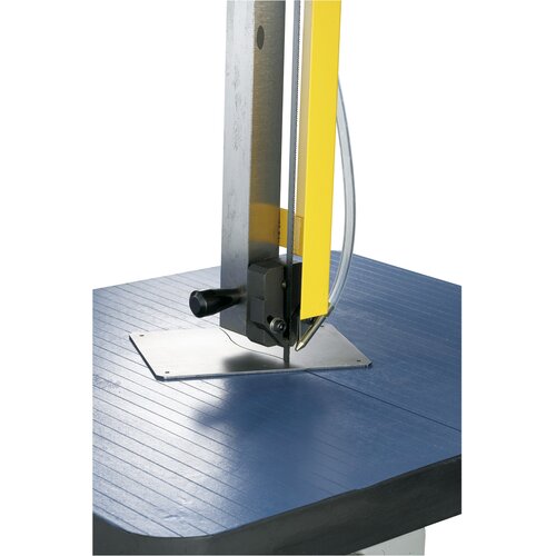 Bandsaw blade guide features ball bearings, adjustable to various workpiece sizes.
